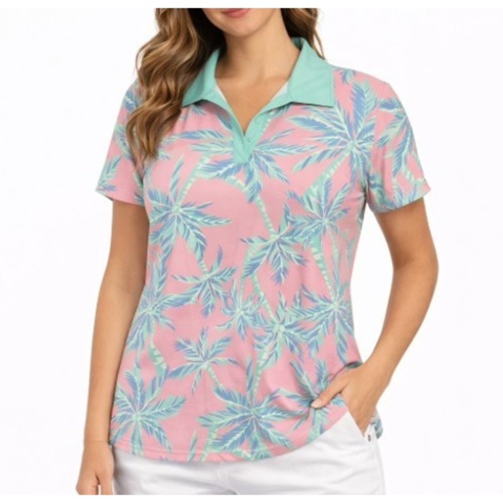 Ana Clare Active Mer Top Pink Paradise Palm Print UPF 50 Golf Polo Shirt‎ Size L